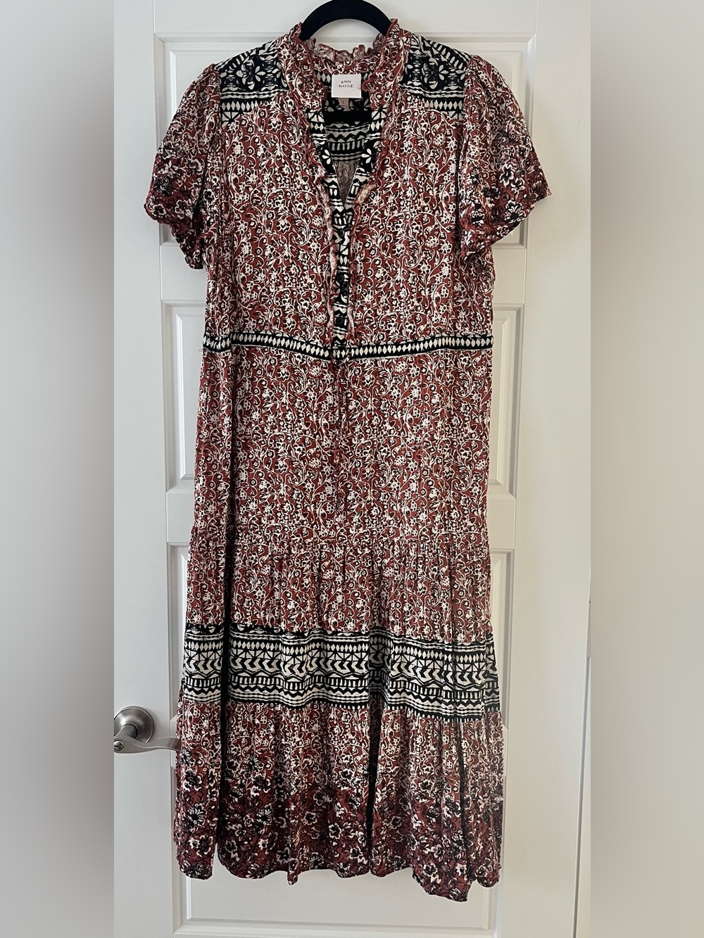 Knox Rose Rust Floral Midi Dress with Black & Cream Border
